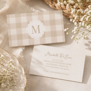 Tarjeta De Visita Monograma de Gingham Beige Neutro