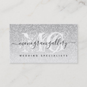 Tarjeta De Visita Monograma de Glam de Purpurina Girly Silver
