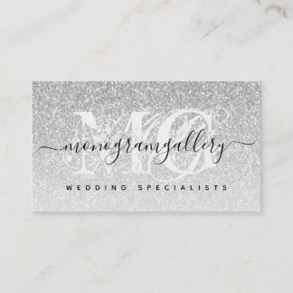 Tarjeta De Visita Monograma de Glam de Purpurina Girly Silver