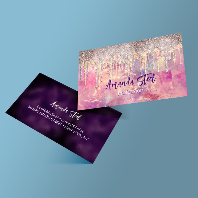 Tarjeta De Visita monograma de goteo holográfico rosa de rosa de mod (Subido por el creador)
