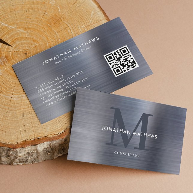 Tarjeta De Visita Monograma de gris metálico cepillado con código QR (Subido por el creador)