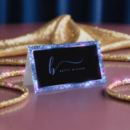 Tarjeta De Visita Monograma de guión de marco de Purpurina azul de l