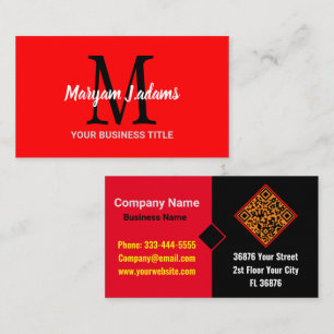 Tarjeta De Visita Monograma de guion moderno (código QR) negro rojo 