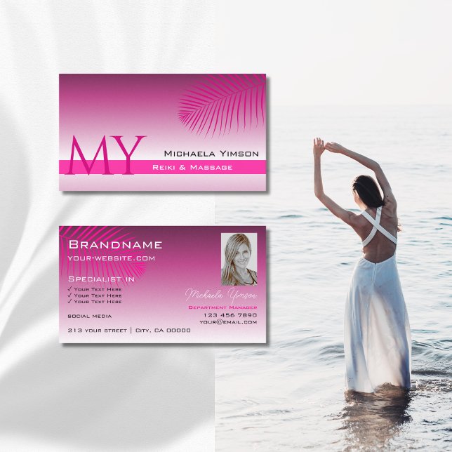 Tarjeta De Visita Monograma de hoja de palma rosada gradiente púrpur (Subido por el creador)