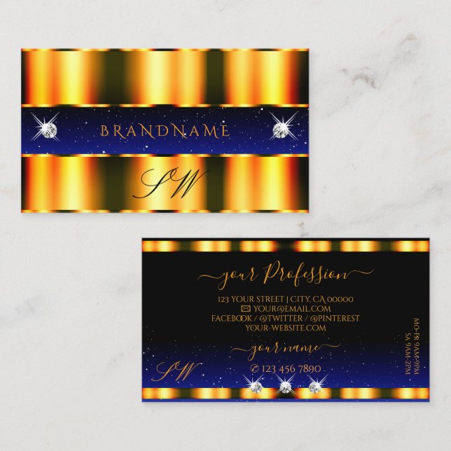 Tarjeta De Visita Monograma de joyas de chispa azul Naranja de lujo  (Anverso / Reverso)