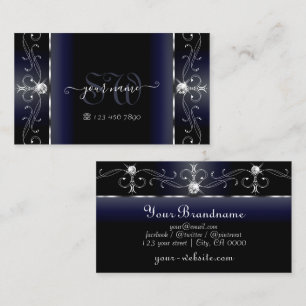 Tarjeta De Visita Monograma de joyas de contrabando de blanco azul n