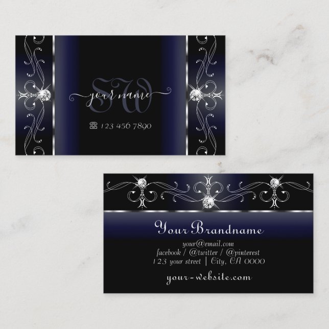 Tarjeta De Visita Monograma de joyas de contrabando de blanco azul n (Anverso / Reverso)