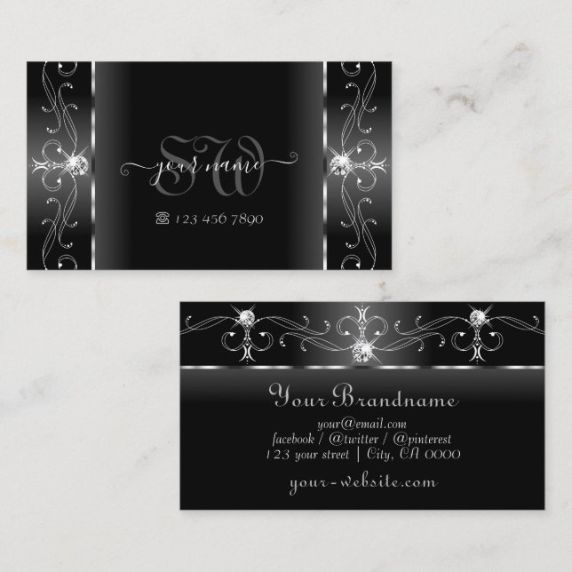 Tarjeta De Visita Monograma de joyas de contrabando de blanco y negr (Anverso / Reverso)