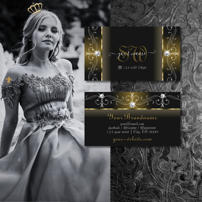 Tarjeta De Visita Monograma de joyas de contrabando de oro y negro d (Subido por el creador)