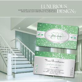 Tarjeta De Visita Monograma de joyas de Purpurina verde esmeralda de