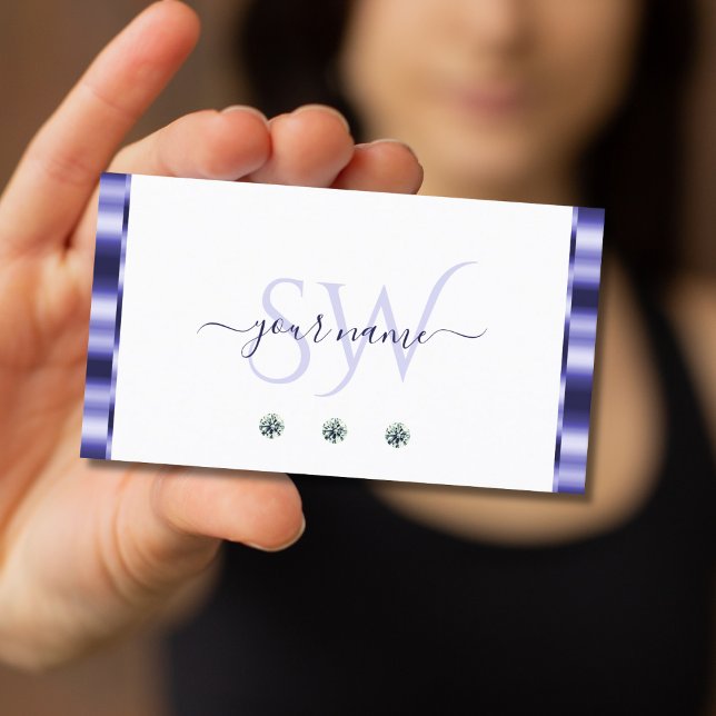 Tarjeta De Visita Monograma de joyas espumosas blancas y azules (Subido por el creador)