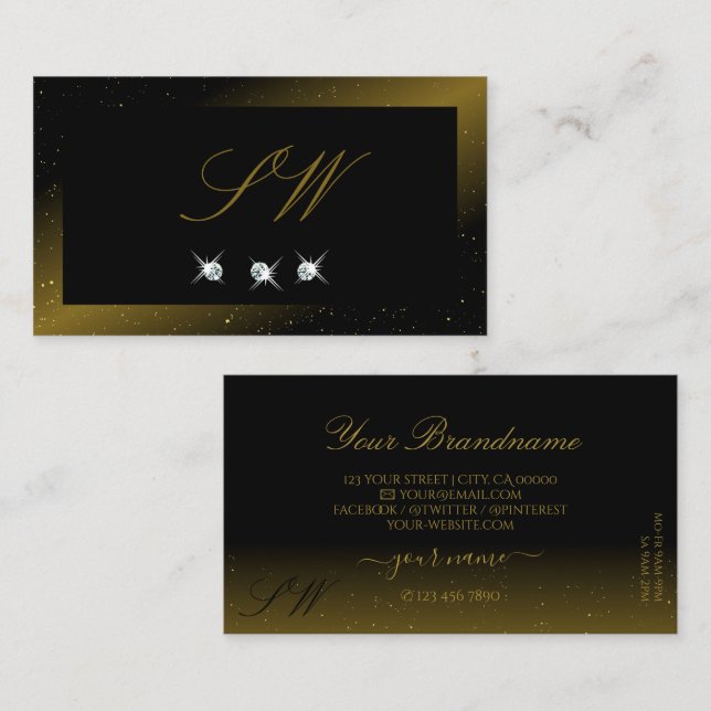 Tarjeta De Visita Monograma de joyas lujosas en negro y oro (Anverso / Reverso)
