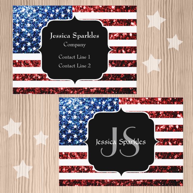 Tarjeta De Visita Monograma de la bandera de los Estados Unidos con  (Customize patriotic USA flag red and blue faux sparkles glitters print Monogram Business Card)