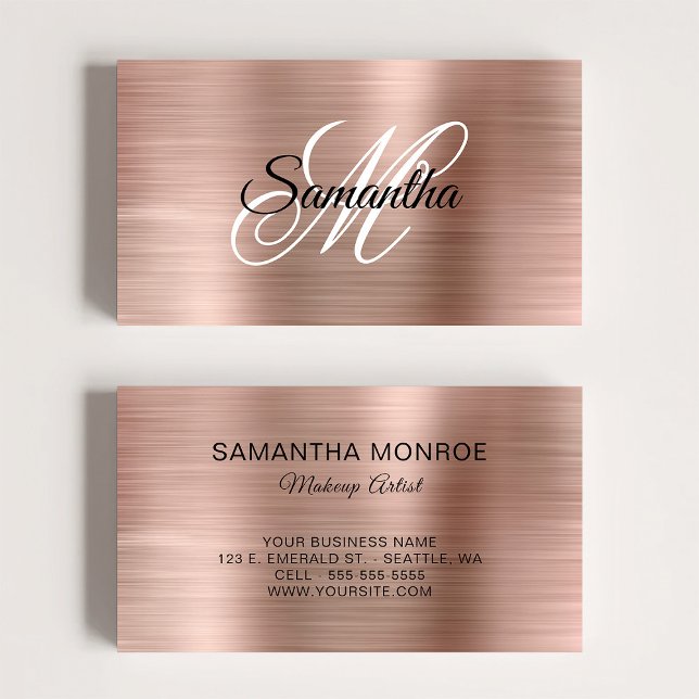 Tarjeta De Visita Monograma de la Fancy Gold Rose metálica (Metallic Rose Gold Fancy Monogram Business Card)