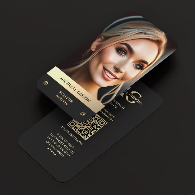Tarjeta De Visita Monograma de la foto EHO de Black Gold de Realtor  (Modern Realtor Black Gold Photo EHO Logo Monogram Business Card
)