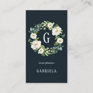 Tarjeta De Visita Monograma de la guirnalda floral blanca