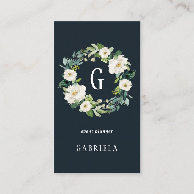 Tarjeta De Visita Monograma de la guirnalda floral blanca (Anverso)