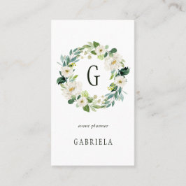 Tarjeta De Visita Monograma de la guirnalda floral blanca