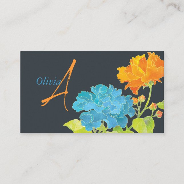 Tarjeta De Visita Monograma de la peonía del Naranja azul (Anverso)