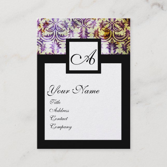 Tarjeta De Visita MONOGRAMA DE LA PLAZA ANTIGUA DAMASK, plata negra  (Anverso)