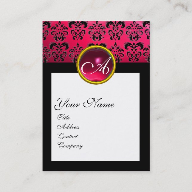Tarjeta De Visita MONOGRAMA DE LA PLAZA DAMASK, fucsia, rubí rojo (Anverso)