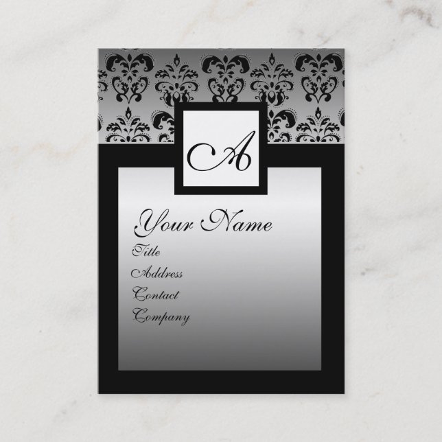 TARJETA DE VISITA MONOGRAMA DE LA PLAZA DE DAMASK-BLACK CLASSY SILVE (Anverso)