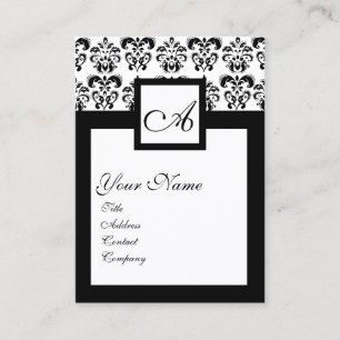 TARJETA DE VISITA MONOGRAMA DE LA PLAZA DE DAMASK BLANCO NEGRO CLÁSI