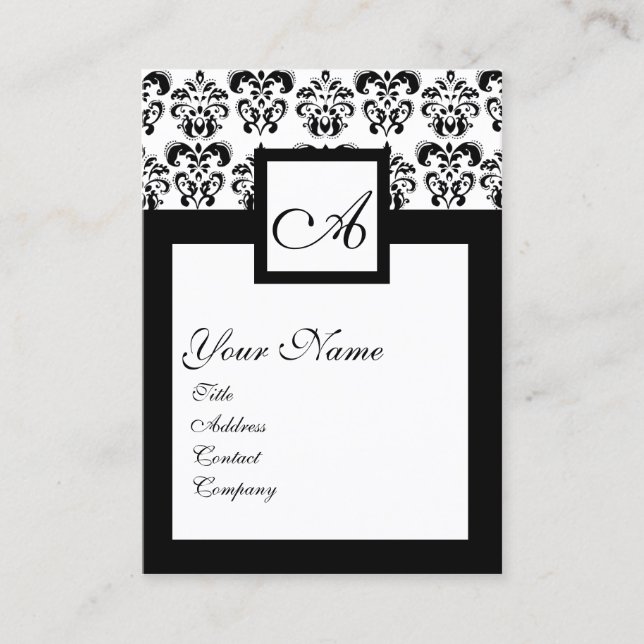 TARJETA DE VISITA MONOGRAMA DE LA PLAZA DE DAMASK BLANCO NEGRO CLÁSI (Anverso)