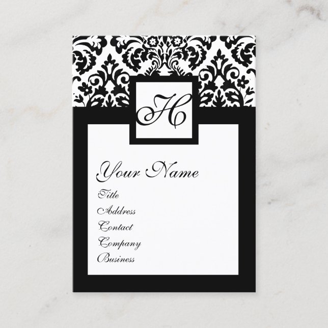 TARJETA DE VISITA MONOGRAMA DE LA PLAZA FLORAL DE DAMASK BLANCO NEGR (Anverso)