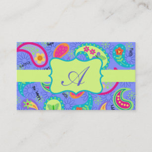 Tarjeta De Visita Monograma de Lavender Lime Green Paisley Moderno