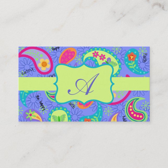 Tarjeta De Visita Monograma de Lavender Lime Green Paisley Moderno (Anverso)
