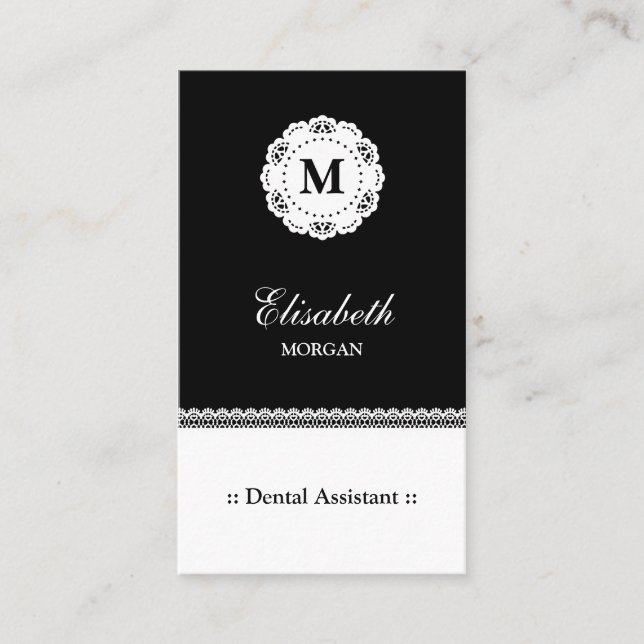 Tarjeta De Visita Monograma de Lazo Blanco Negro de Ayudante dental (Anverso)