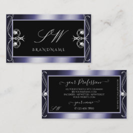 Tarjeta De Visita Monograma de lujo Ornate Black Blue Sparkle Diamon