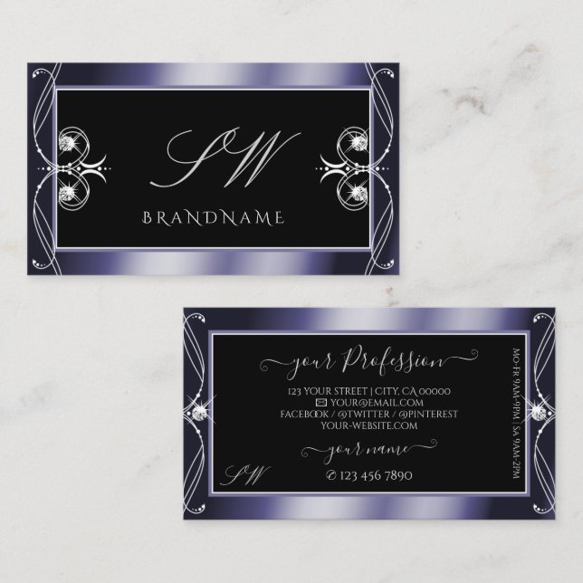 Tarjeta De Visita Monograma de lujo Ornate Black Blue Sparkle Diamon (Anverso / Reverso)