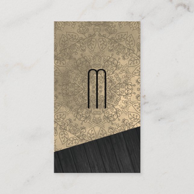 Tarjeta De Visita Monograma de madera con patrón de Mandala (Anverso)