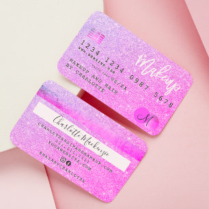 Tarjeta De Visita Monograma de maquillaje de pelo purpurina rosa de 