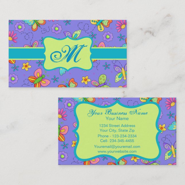 Tarjeta De Visita Monograma de mariposa de lavanda blanca moderna (Anverso / Reverso)