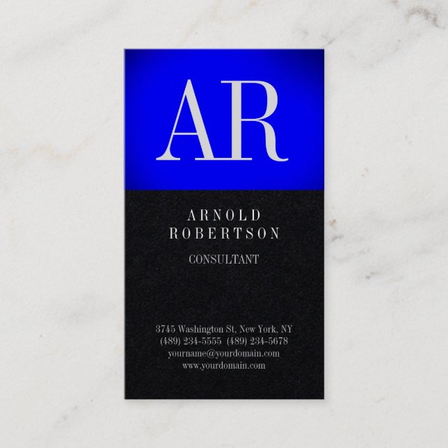 Tarjeta De Visita Monograma de moda azul negro premium (Anverso)
