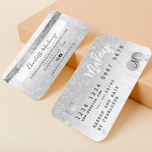 Tarjeta De Visita Monograma de moda de mármol purpurina de plata de