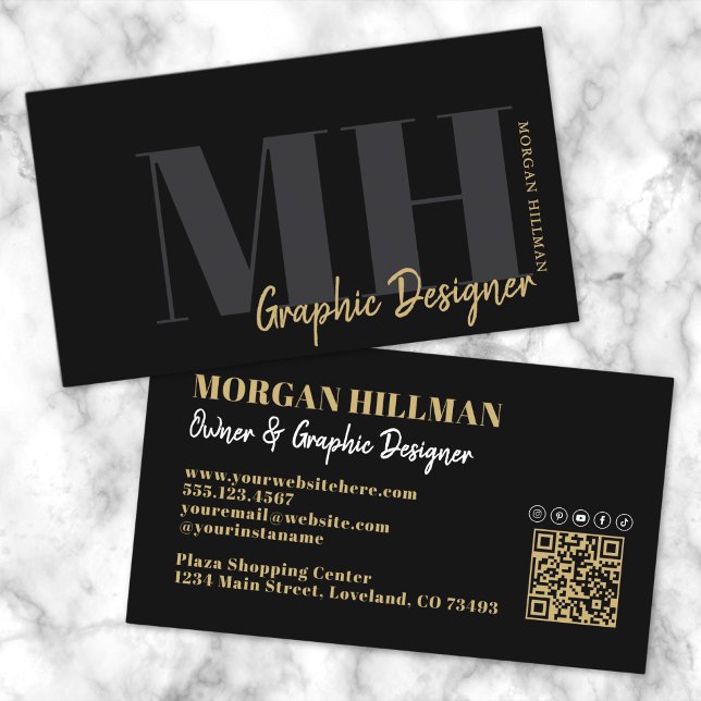 Tarjeta De Visita Monograma de moda para código QR negro dorado (Gold Black QR Code Trendy Monogram Business Card)