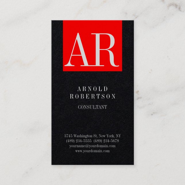 Tarjeta De Visita Monograma de moda rojo negro premium (Anverso)