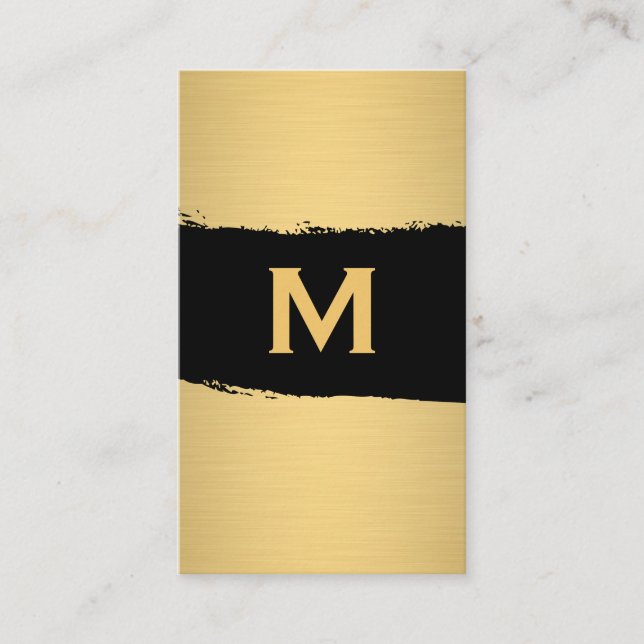 Tarjeta De Visita Monograma de moda sobre cepillado negro/dorado (Anverso)
