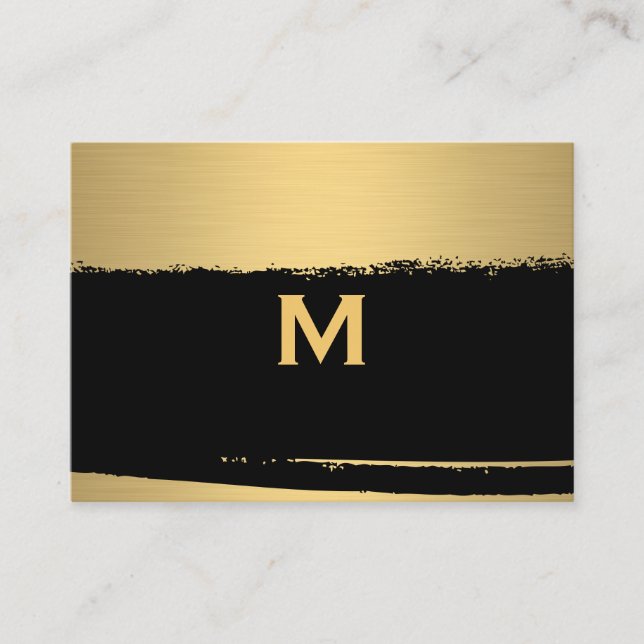 Tarjeta De Visita Monograma de moda sobre cepillado negro/dorado (Anverso)