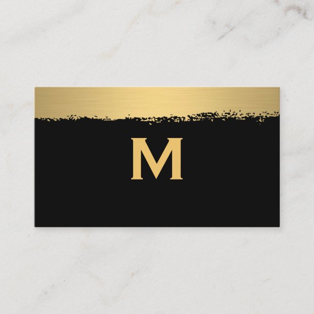 Tarjeta De Visita Monograma de moda sobre cepillado negro/dorado (Anverso)