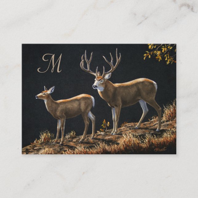 Tarjeta De Visita Monograma de Mule Deer Buck y Doe (Anverso)