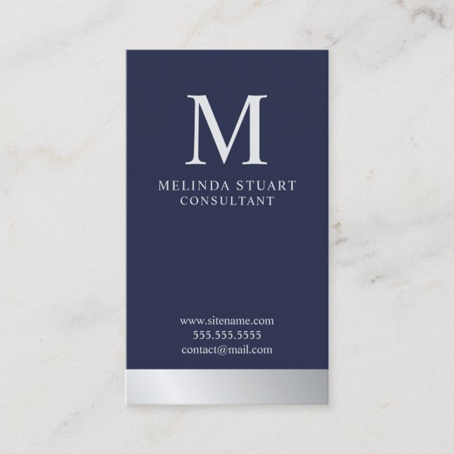 Tarjeta De Visita Monograma de Navy Blue y Silver Elegante (Anverso)