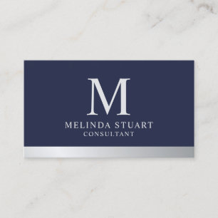 Tarjeta De Visita Monograma de Navy Blue y Silver Elegante