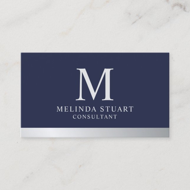 Tarjeta De Visita Monograma de Navy Blue y Silver Elegante (Anverso)