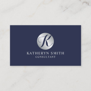 Tarjeta De Visita Monograma de Navy Blue y Silver Elegante