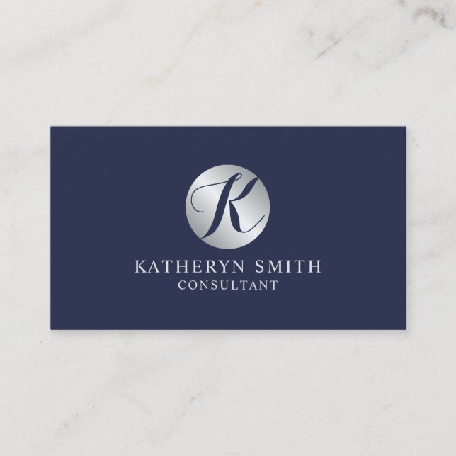 Tarjeta De Visita Monograma de Navy Blue y Silver Elegante (Anverso)